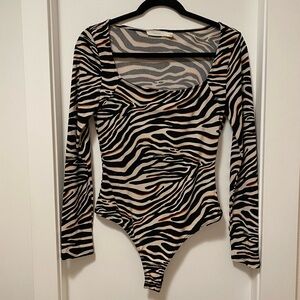 LUSH Bodysuit Zebra Print Square Neckline Abstract Animal Long Sleeve Small Rust